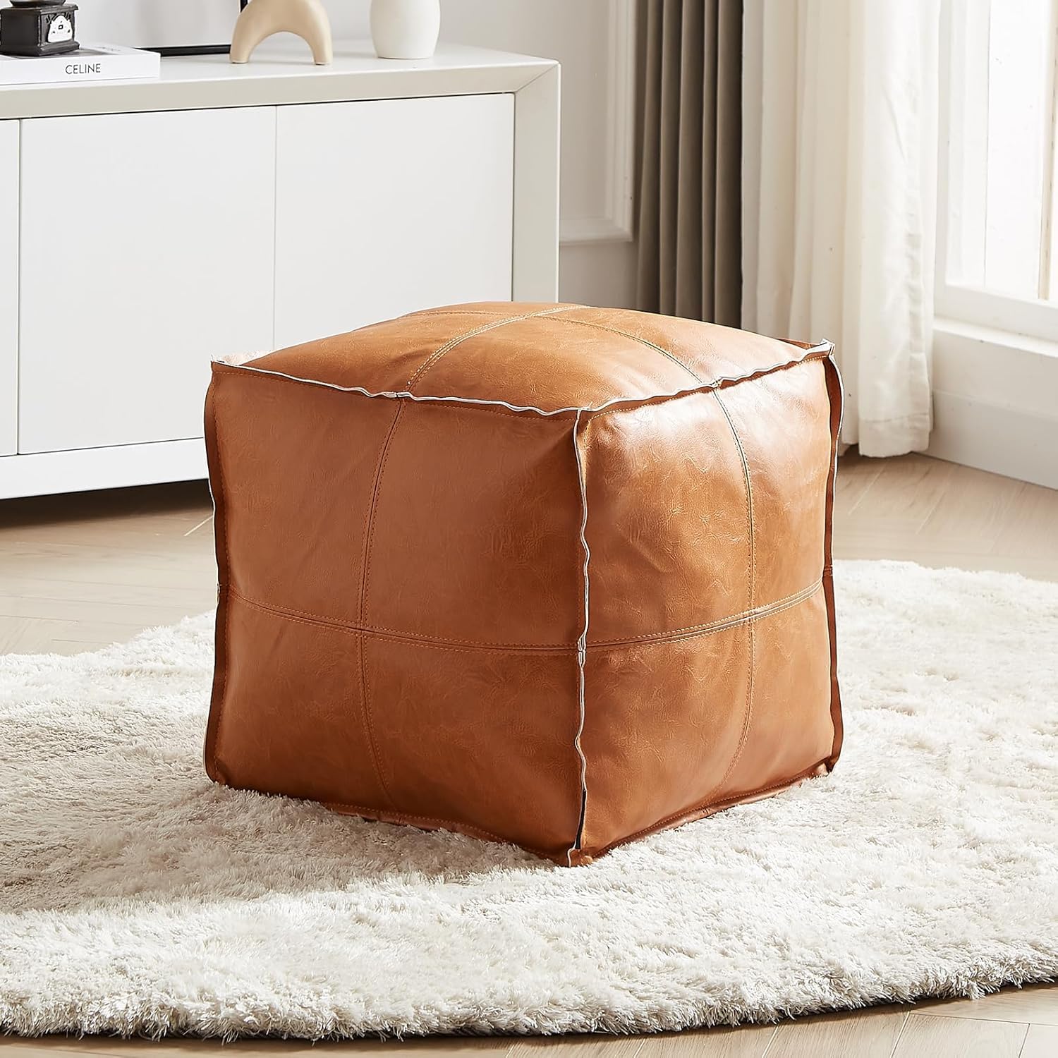 Louis Donne Unstuffed Square Faux Leather PU Pouffe - Supersoft Handmade Faux Moroccan Decor, Storage Solution Foot Rest Footstool Extra Seat for Indoor Balcony Office (Orange, 45"x45"x45")