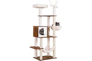 Hey-brother Wooden Cat Tree, 66.1“ Cat Furniture with Scratching Posts, Modern Cat Tower with hammocks, Toys, cat condo, Rustic Brown MPJ120SR