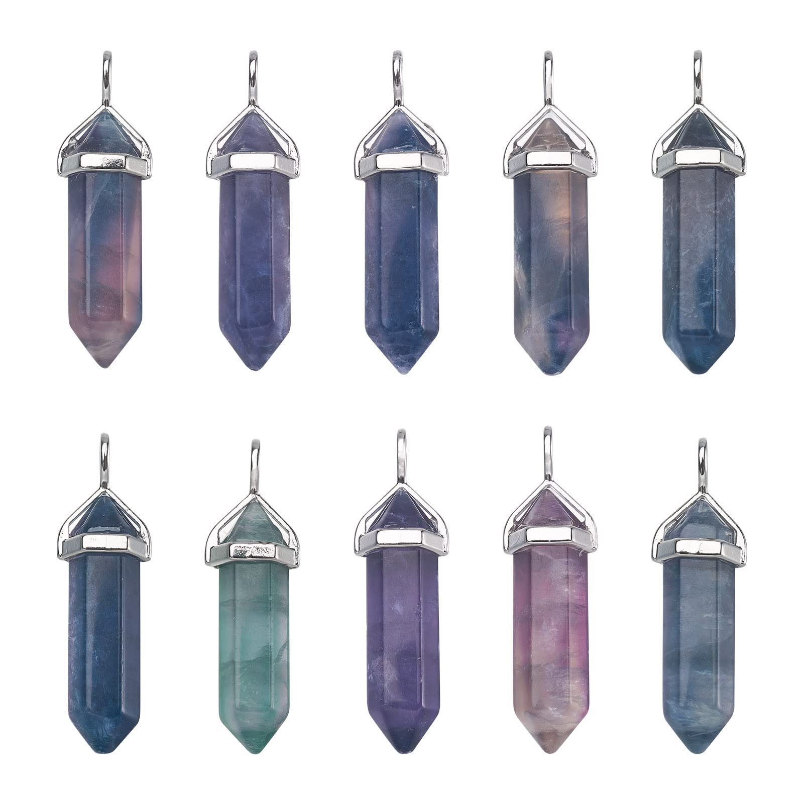 PandaHall 10pcs Natural Fluorite Bullet Charms Pendant 39x10x12mm Hexagonal Healing Pointed Chakra Beads Crystal Gemstone Pendants for DIY Necklace Jewelry Making
