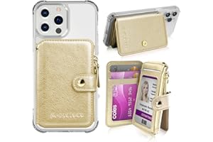 M-Plateau Phone Wallet Stick On PU Leather Card Holder with Zipper Coin Pocket Compatible with iPhone and iPhone Case for Women with 3M Adhesive and Phone Lanyard(Gold)