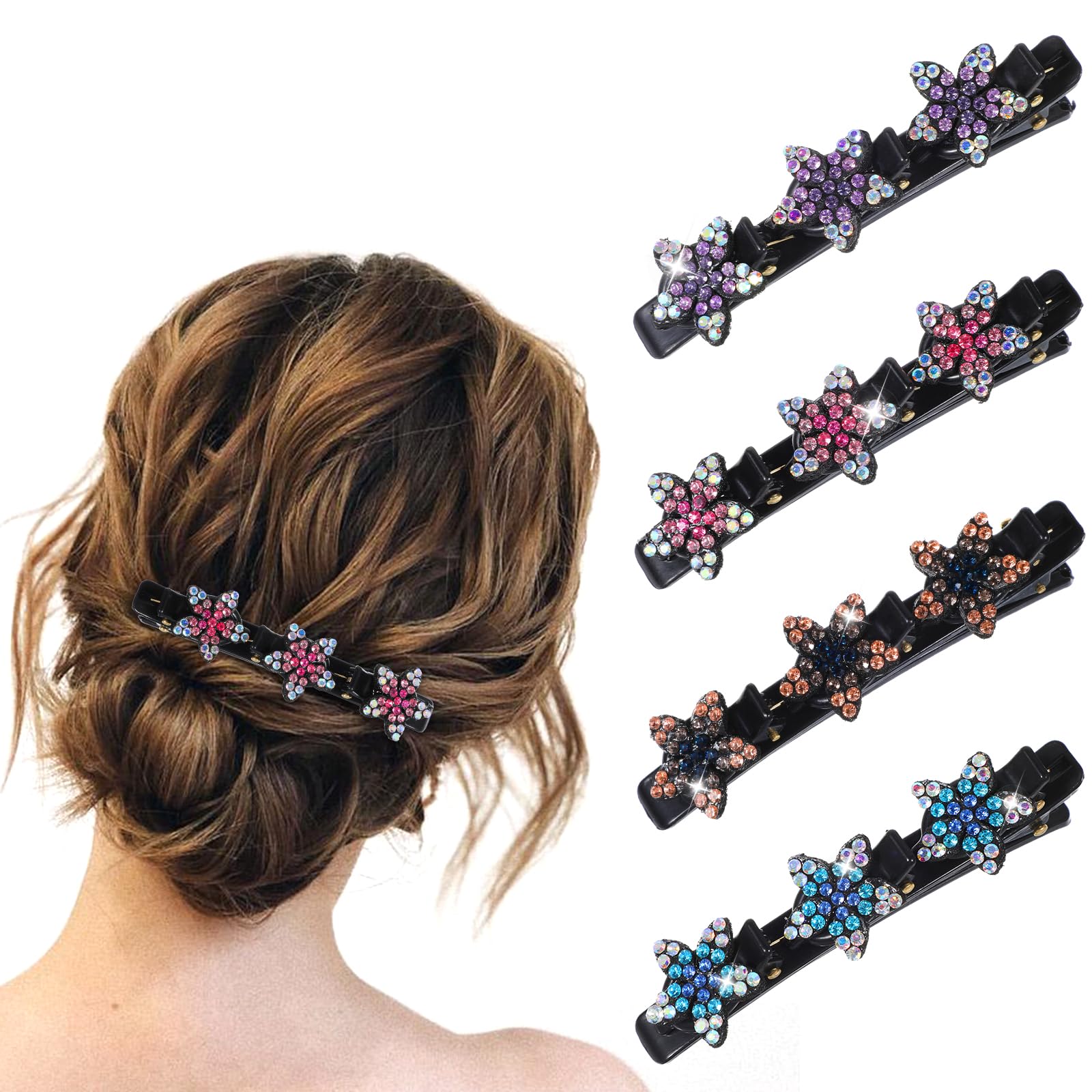 HJZHII 4pcs Sparkling Crystal Stone Braided Hair Clips, Flower Braided Small Rhinestone Hair Clips Hair Braid Clips Duck Bill Clips Shiny Elegant Hair Styling Clips for Women Girls(Pattern B)