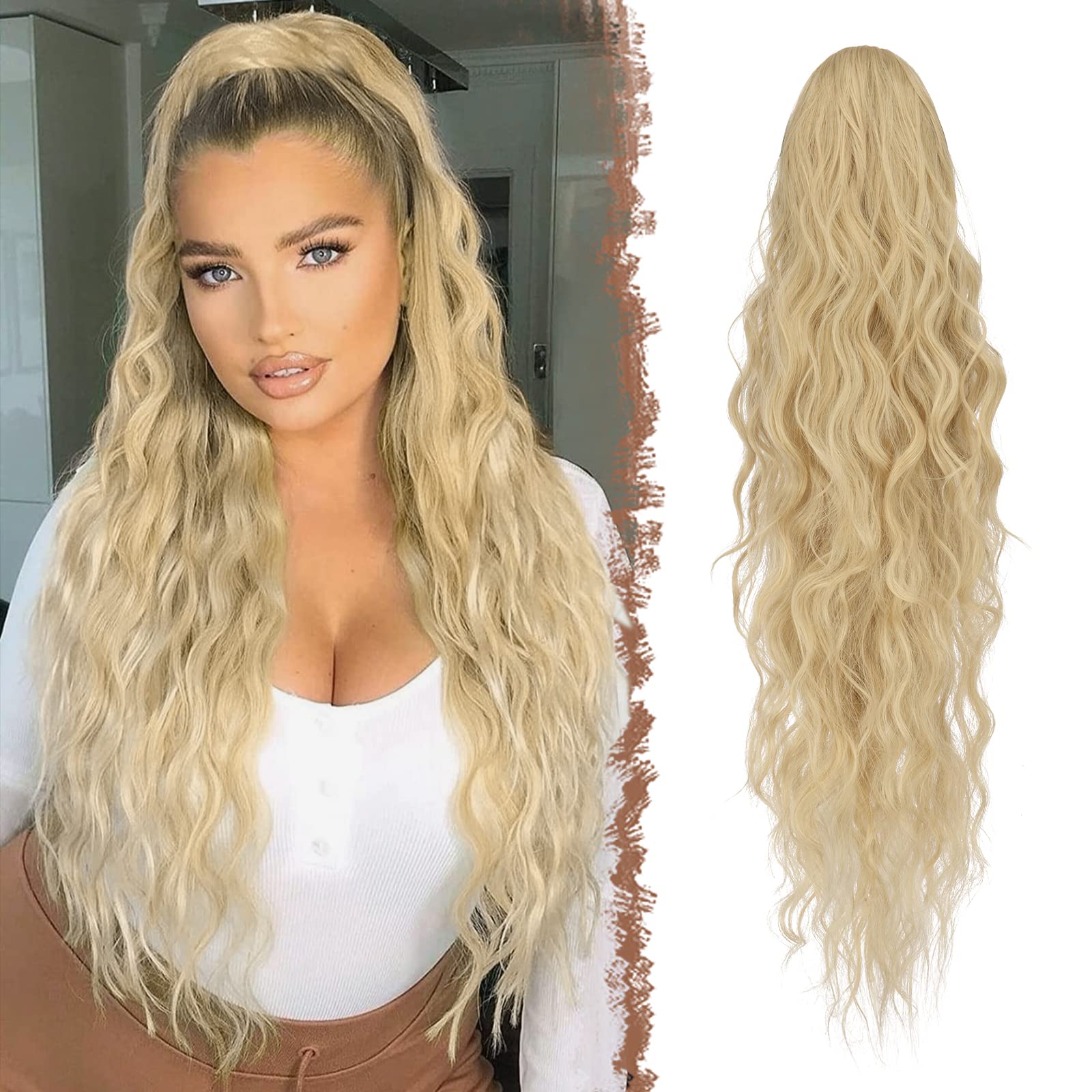 FESHFEN Long Curly Wavy Drawstring Ponytail Extensions Clip in Wavy Synthetic Hairpieces Strawberry Blonde Mixed Bleach Blonde Ponytail Curly Hair Piece Pony Tail Extension for Women, 26 inch — image 1