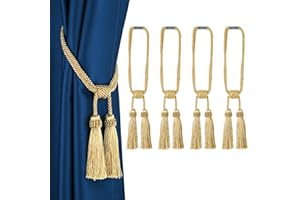 Fenghuangwu Magnetic Curtain Tiebacks 4Pack Tassel Curtain Tieback Modern Handmade Tie Backs,Decorative Tassel Holdback for Draperies,Window Decor（Gold）