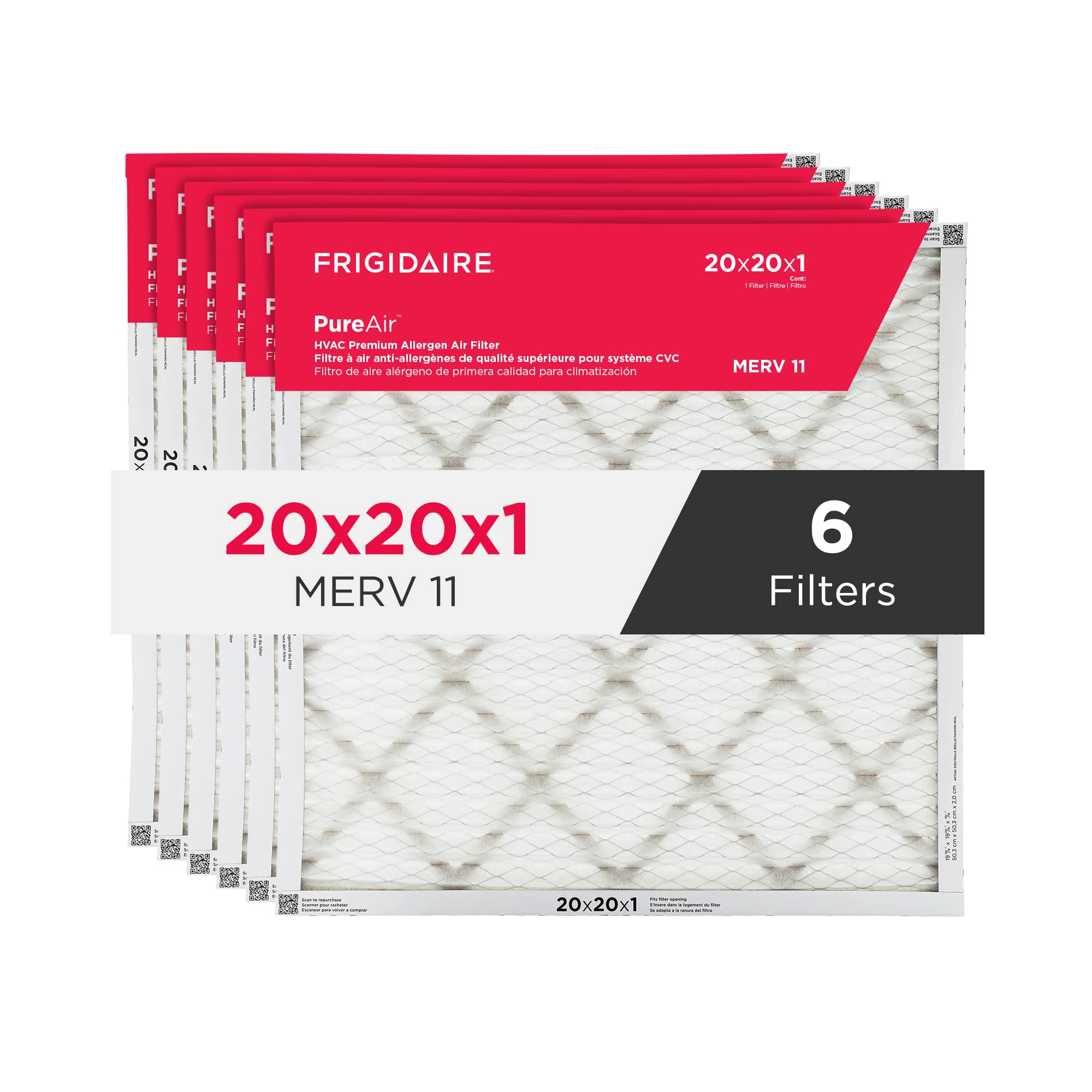 Frigidaire PureAir® 20x20x1 MERV 11 Prem Allergen Electrostatic Pleated Air Conditioner HVAC AC Furnace Filters - 6 Pack (exact dimensions 19.81 X 19.81 X 0.81) Image
