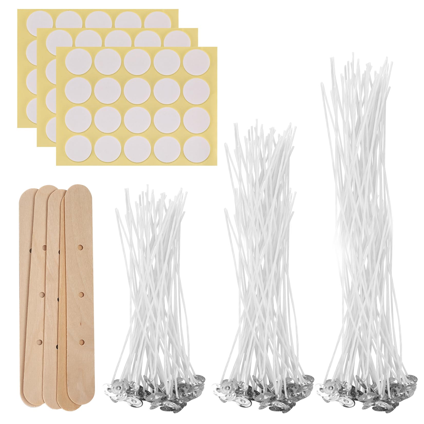 Candle Wicks for Making Candles, 150 Pcs 10cm/15cm/20cm Cotton Pre Waxed Candle Wicks with 5 Pcs Candle Wick Holders & 3 Sheets Dot Stickers, for Candle Making, DIY Candle Crafts