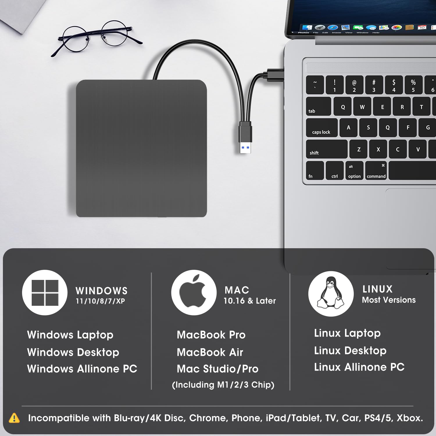 ROOFULL External CD/DVD Drive for Laptop, USB 3.0 & USB-C Portable CD/DVD-RW Player Reader Writer Burner, Optical Disc Drive for Windows 11/10 PC, Mac, MacBook & Linux Computer, Model ECD829-Y