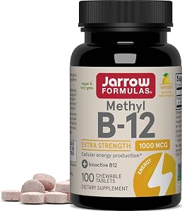 Jarrow Formulas Methyl Vitamin B-12 1000 mcg, 100 Chewable Tablets, Lemon Flavored- Bioactive B12 Vitamin - Supports Cellular