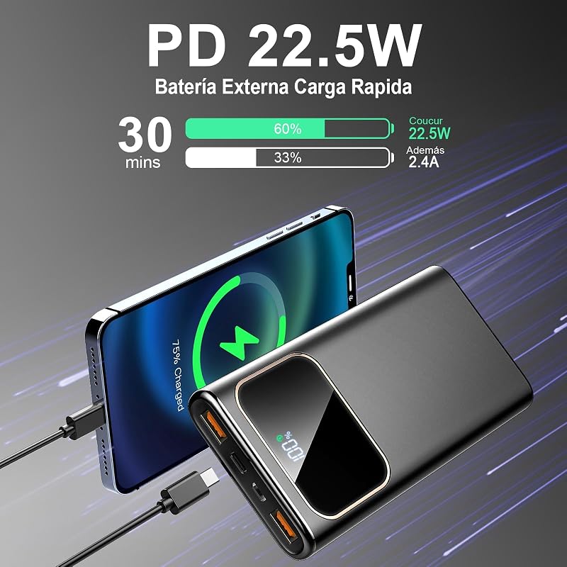 2026 Power Bank Fast Charging,Bateria Externa Carga Rapida 10000mAh 22.5W Cargador Portatil con Entrada y Salida USB C, Patalla LED para iPhone 17/16/15/14 Air Pro MAX Plus, para Samsung Android Negro — foto 2 de 7