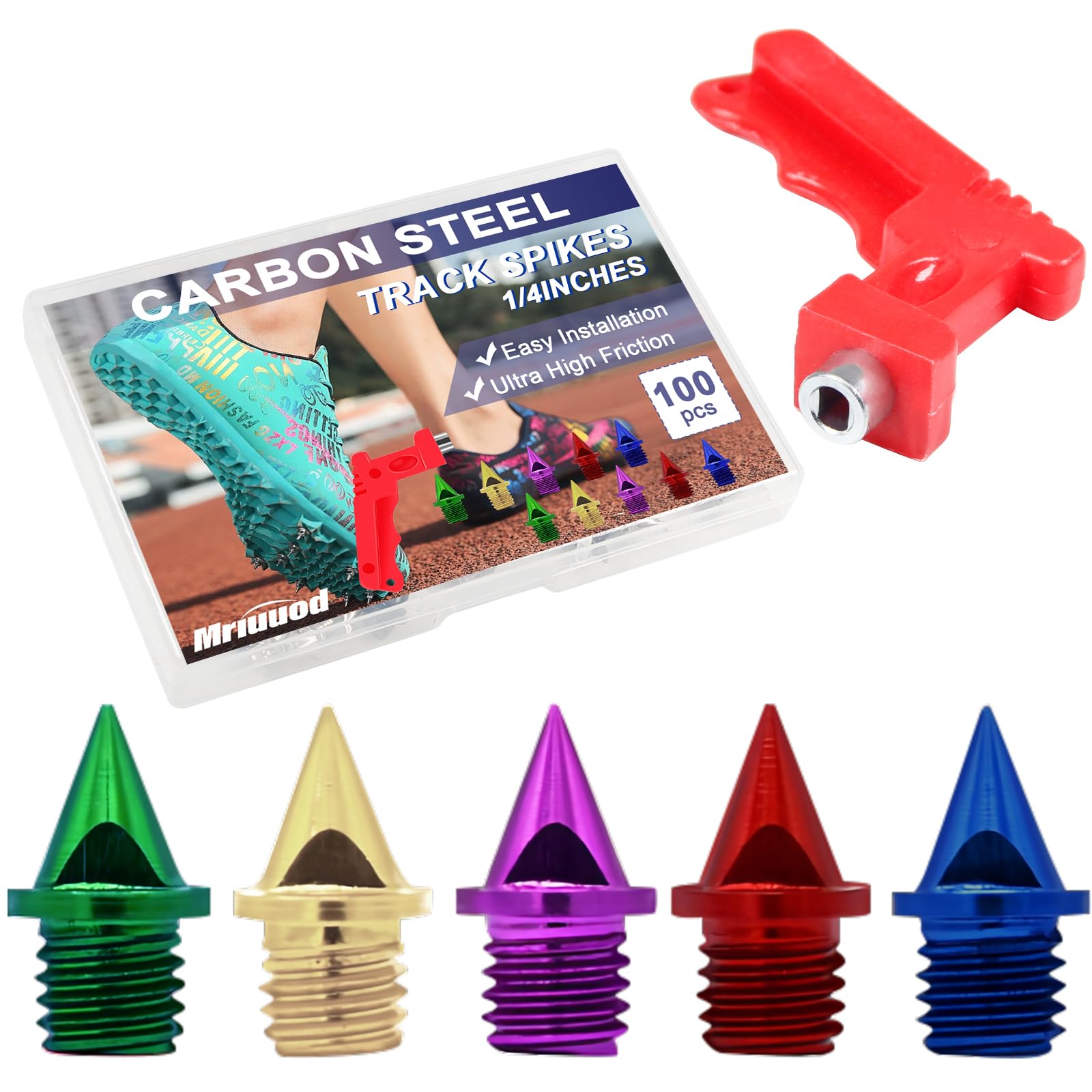 Photo 1 of 1/4 Inch Track Spikes,100 Pcs Lighter Weight Carbon Spikes with Spike Wrench, Replacement Track Spikes for Sprint Sports Short Running Track Shoes (Mixed Color)