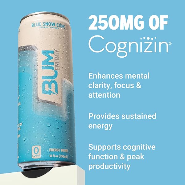 BUM SUGAR-FREE ENERGY DRINK, BLUE SNOW CONE – LIGHTLY CARBONATED & NO ARTIFICIAL COLORS, NATURAL CAFFEINE & CITICOLINE FOR ENERGY & FOCUS, BRAIN BOOST & WORKOUT SPORTS BEVERAGE – 12 OZ, PACK OF 12