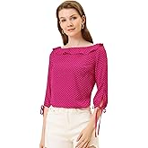 Allegra K Women's Ruffled Collar Polka Dots Shirt 3/4 Sleeve Vintage Blouse