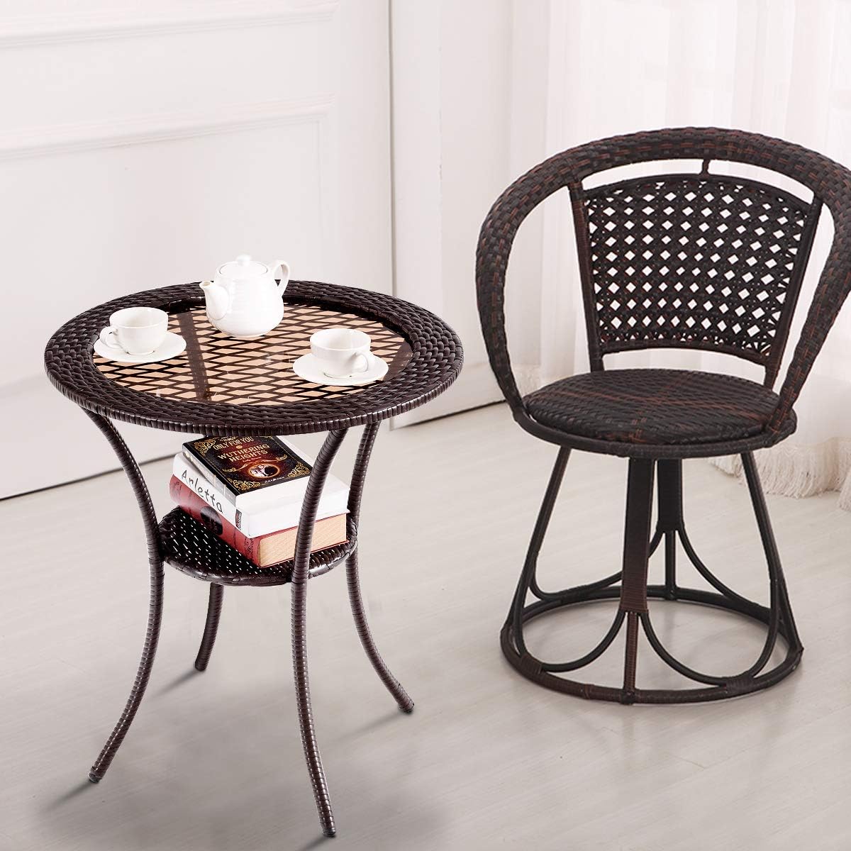 Tangkula 25” Patio Wicker Coffee Table Outdoor Backyard Lawn Balcony Pool Round Tempered Glass Top Wicker Rattan Steel Frame Table Furniture W/Lower Shelf: Kitchen & Dining