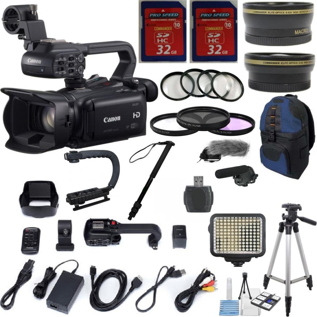 Canon XA20 Professional Camcorder w/ 10x HD Video w/ .43x Wide Angle Lens +2.2x Telephoto Lens +Video LED Light +22pc Accessory Kit - International Version