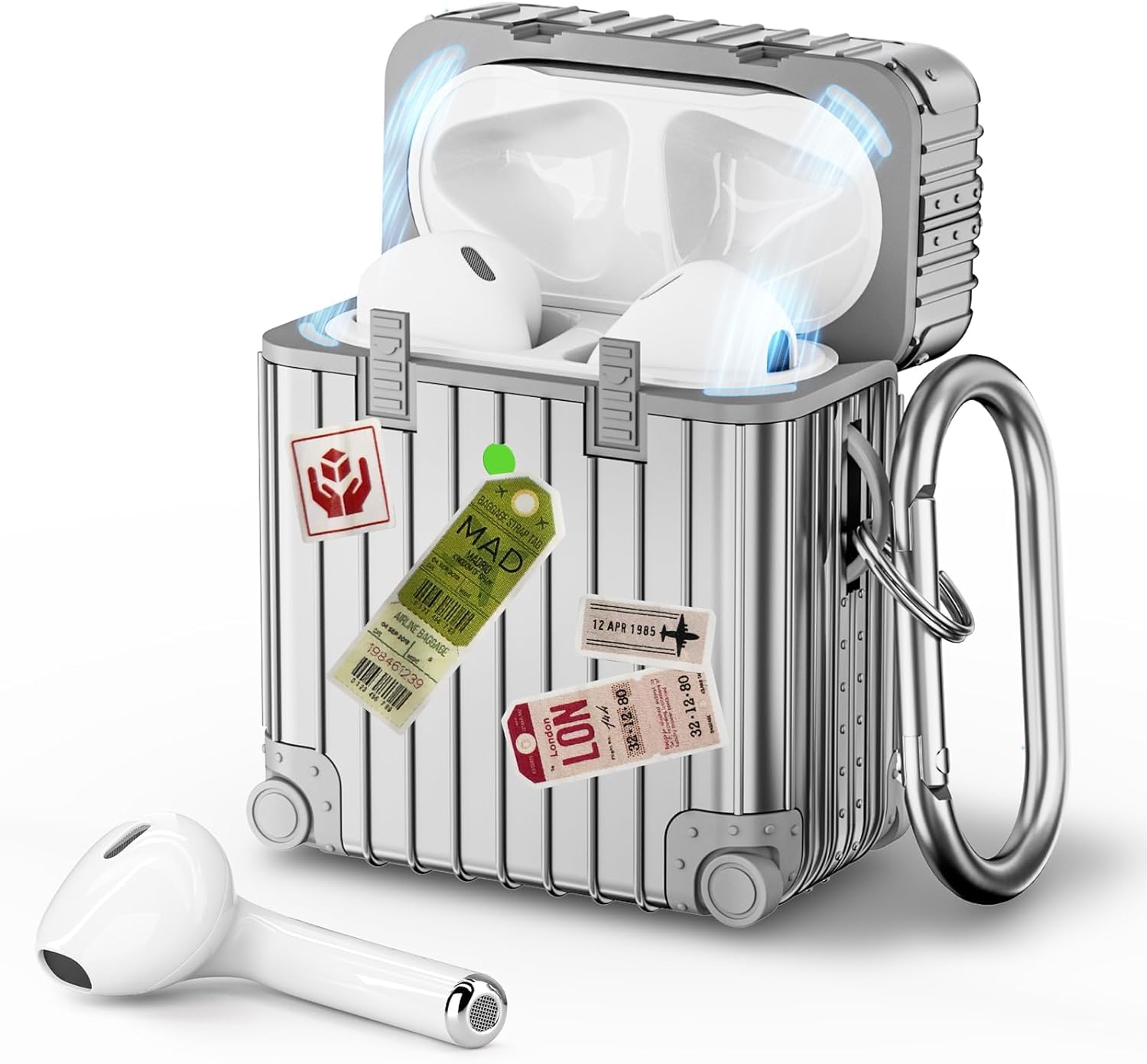 VISOOM Compatible With Airpods Case, Cute Suitcase Design TPU Anti-Scratch Shockproof Hard Protective Airpods 2/1 Case for Airpods 2nd/1st Gen (2019) with Keychain[Support Wireless Charging], Silver