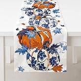 Fall Table Runner 13 x 72 in, Blue Pumpkin Chinoiserie | 13 x 72 in fall table runner with blue white pumpkins, orange pumpkins and maple leaf designs for dining table decor