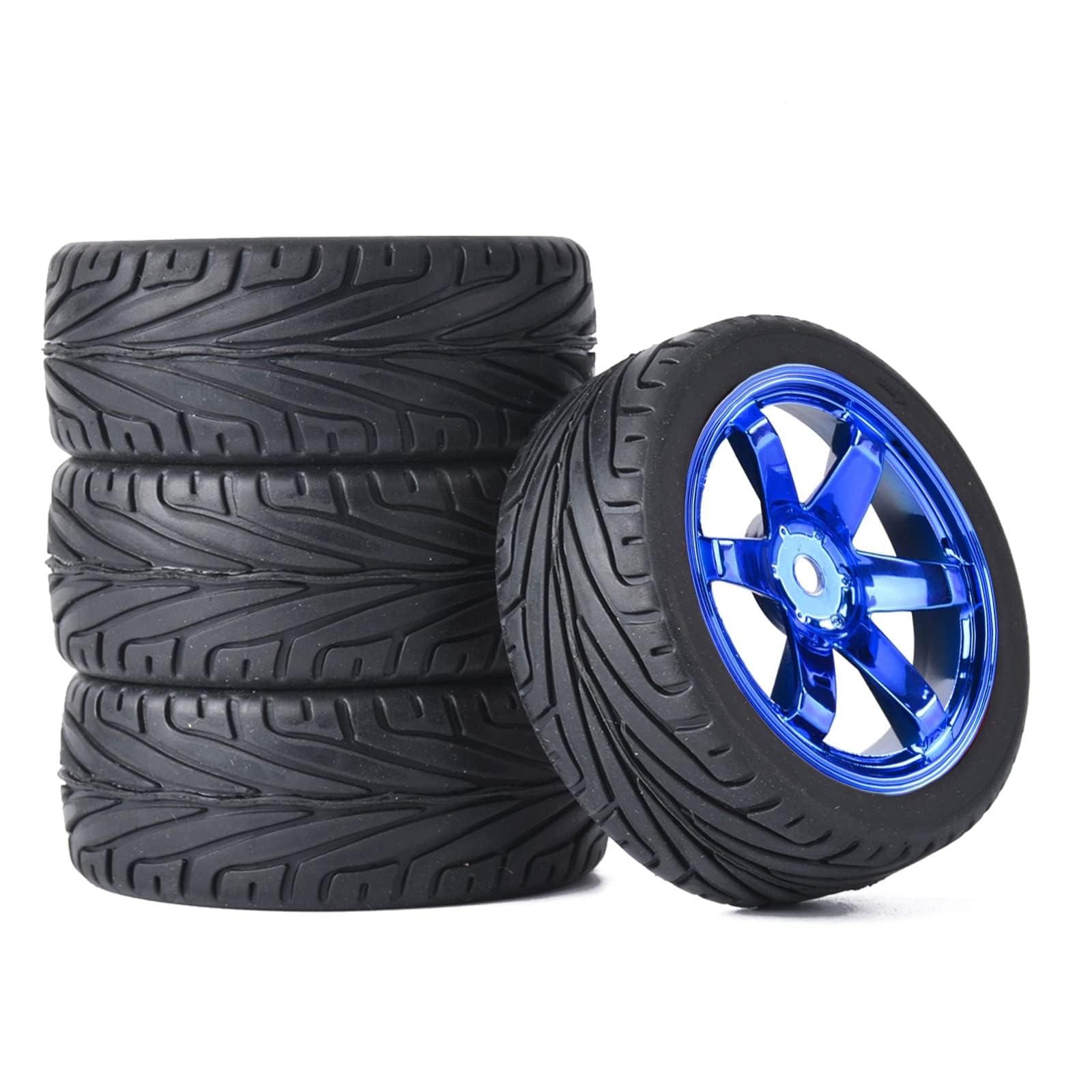 KINGCOO 4PCS 1:10 RC Car Tyre 65mm Rubber Tires and Plastic Wheel Rims for 1/10 On-Road Racing Touring Drift Car Spare Parts for HSP Tamiya HPI Kyosho (Blue)