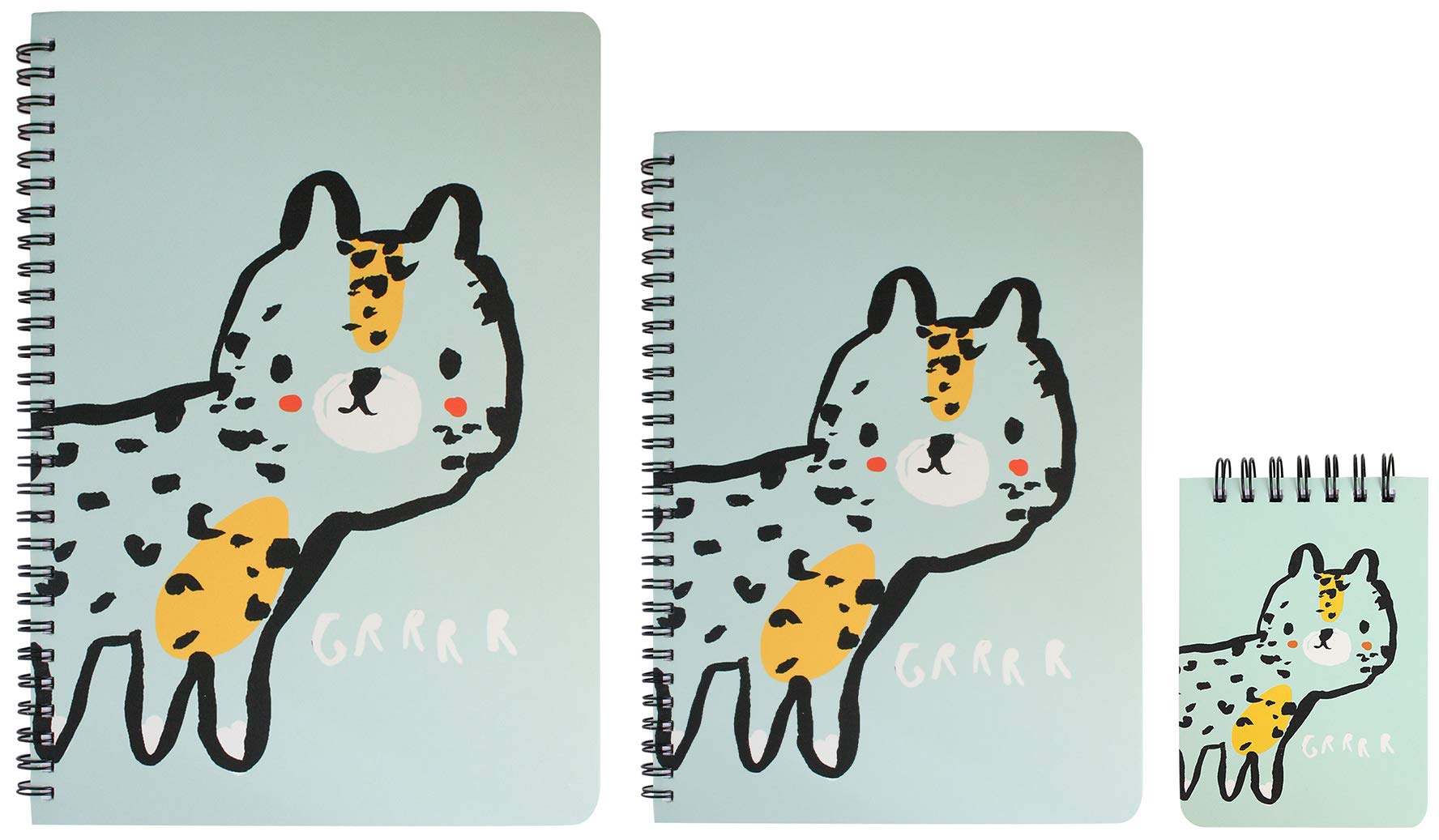 Emartbuy Cartoon Animal Hard Cover Spiral Exercise Book Diary Notebook Notepad Writing Journal Ruled B5, A5, A7 Size 80 Sheets (160 Pages) - Tiger Sea Green, Set of 3