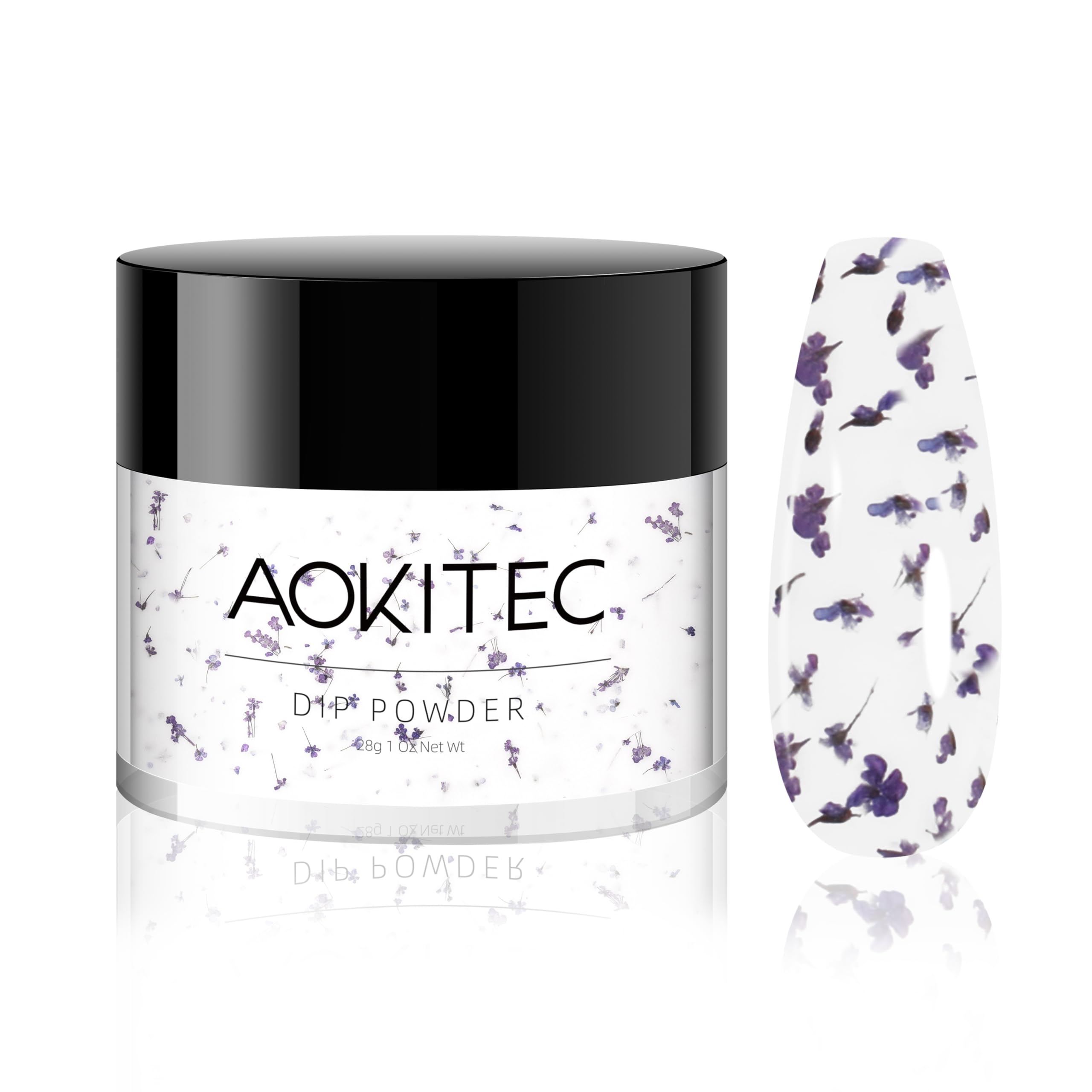 Aokitec Dip Powder with Purple Dried Flowers, 1OZ Nail Dipping Powder for Nail Decoration DIY Nail Art, Nail Powder for Nail Starter & Professional Home Salon Use, Layer on any colour Dip Nails