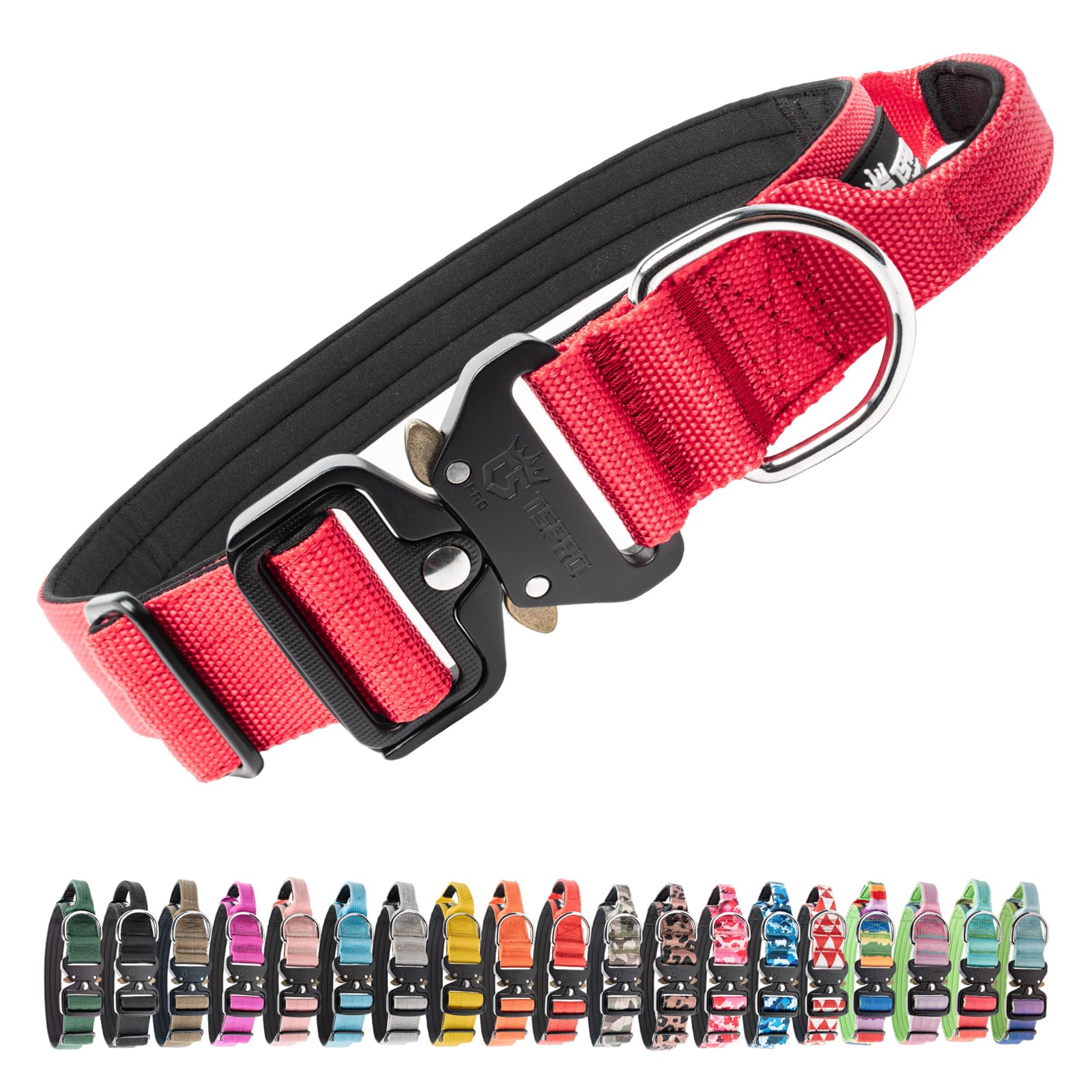 TSPRO Tactical Premium Dog Collar with Handle & Heavy Duty Quick Release Metal Buckle, Adjustable Thick Strong Collar for Medium Large Dogs (Red, L)