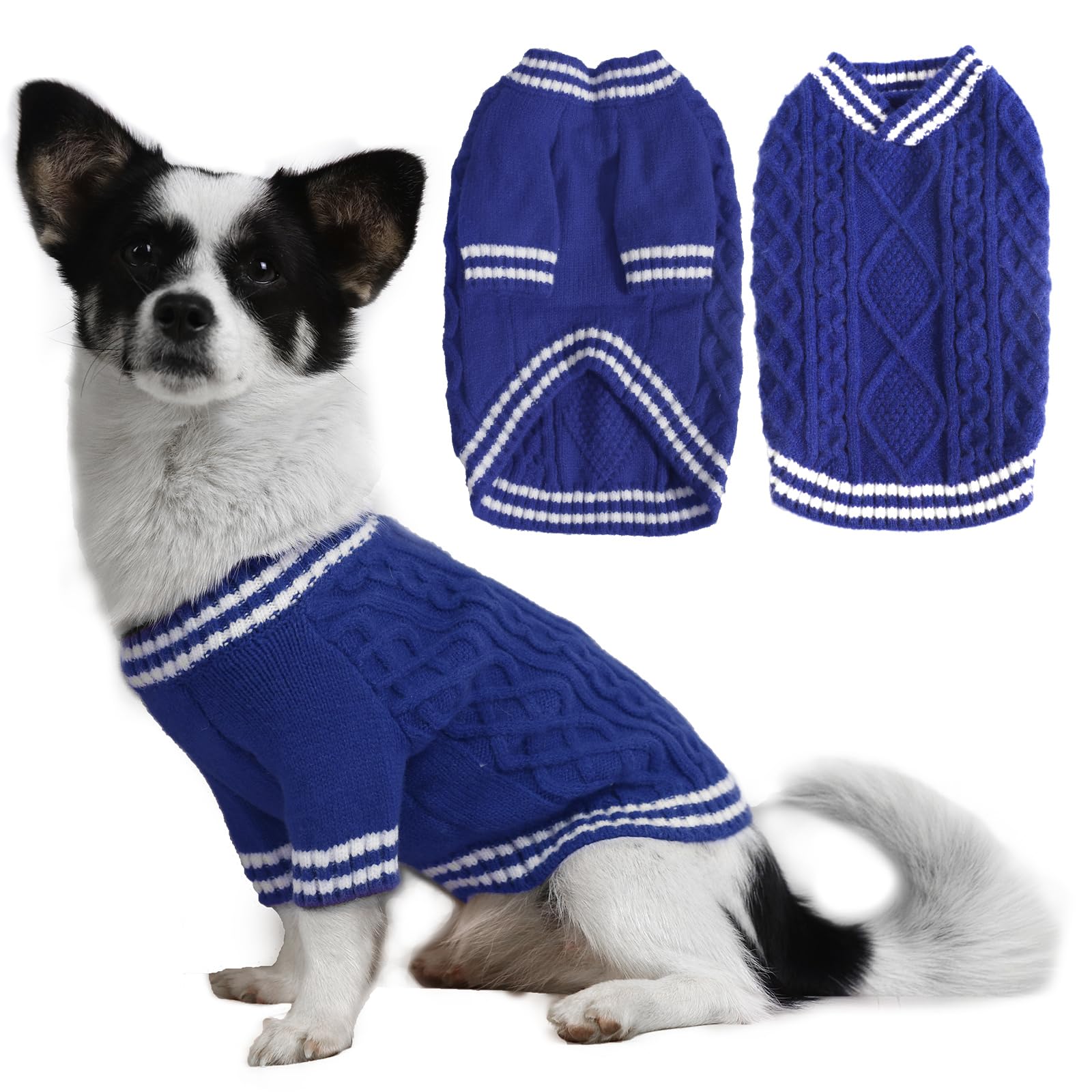 LiebeDD Dog Jumpers Small, V-Neck Knitted Dog Sweater with Long Sleeves Winter Warm Jumper for Puppy Small Medium and Large Dogs, for Minpin, Yorkshire Terrier, Chihuahua, Sausage, Blue