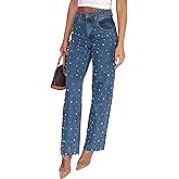 Sexyshine Women's High Waisted Pearl Jeans Beaded Baggy Straight Wide Leg Raw Edge Stretchy Denim Pants
