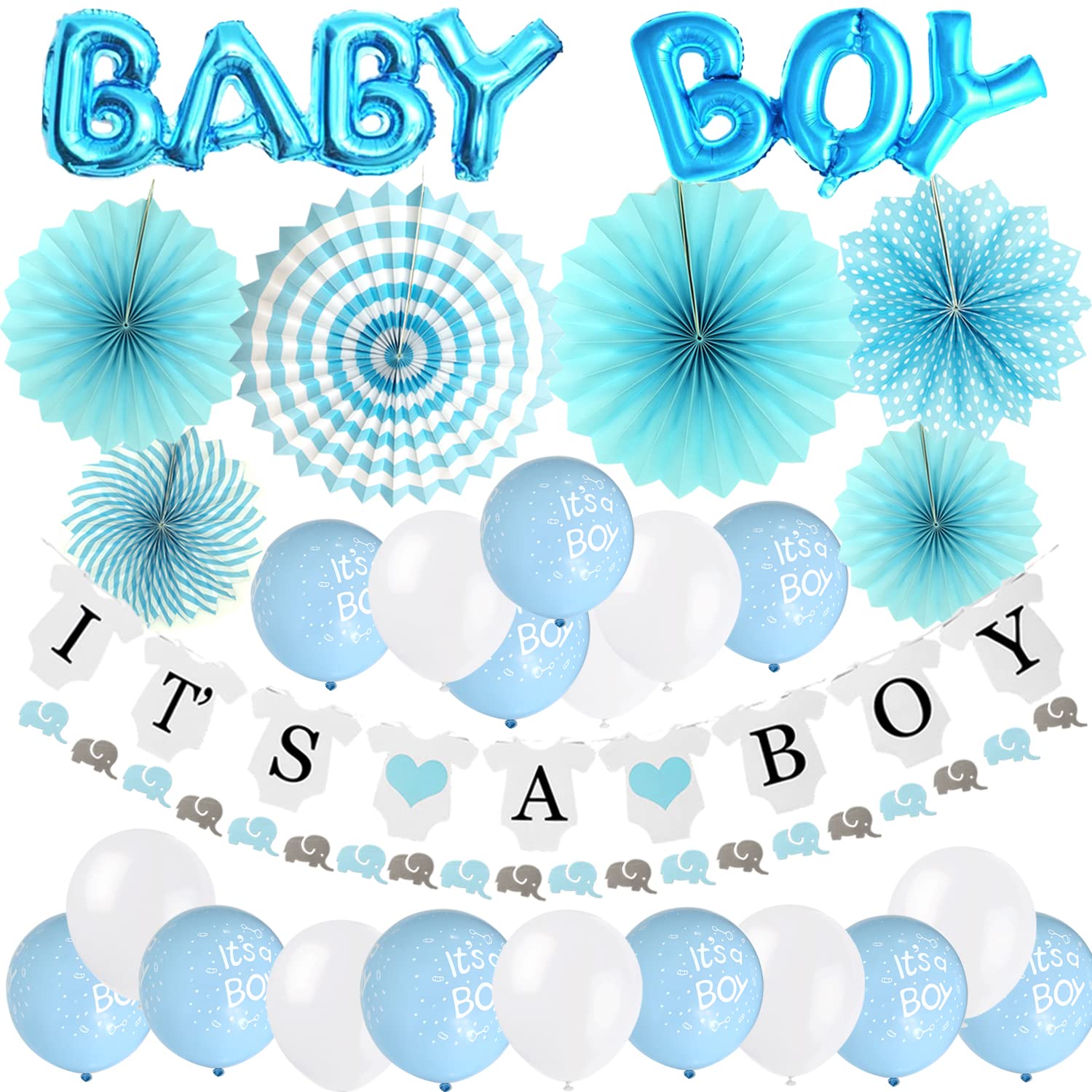 ZERODECO Baby Shower Decorations, It's a Boy Banners Baby Boy Foil Balloon Paper Fans Elephant Flags Printed Balloons Bridal Shower Party Decorations