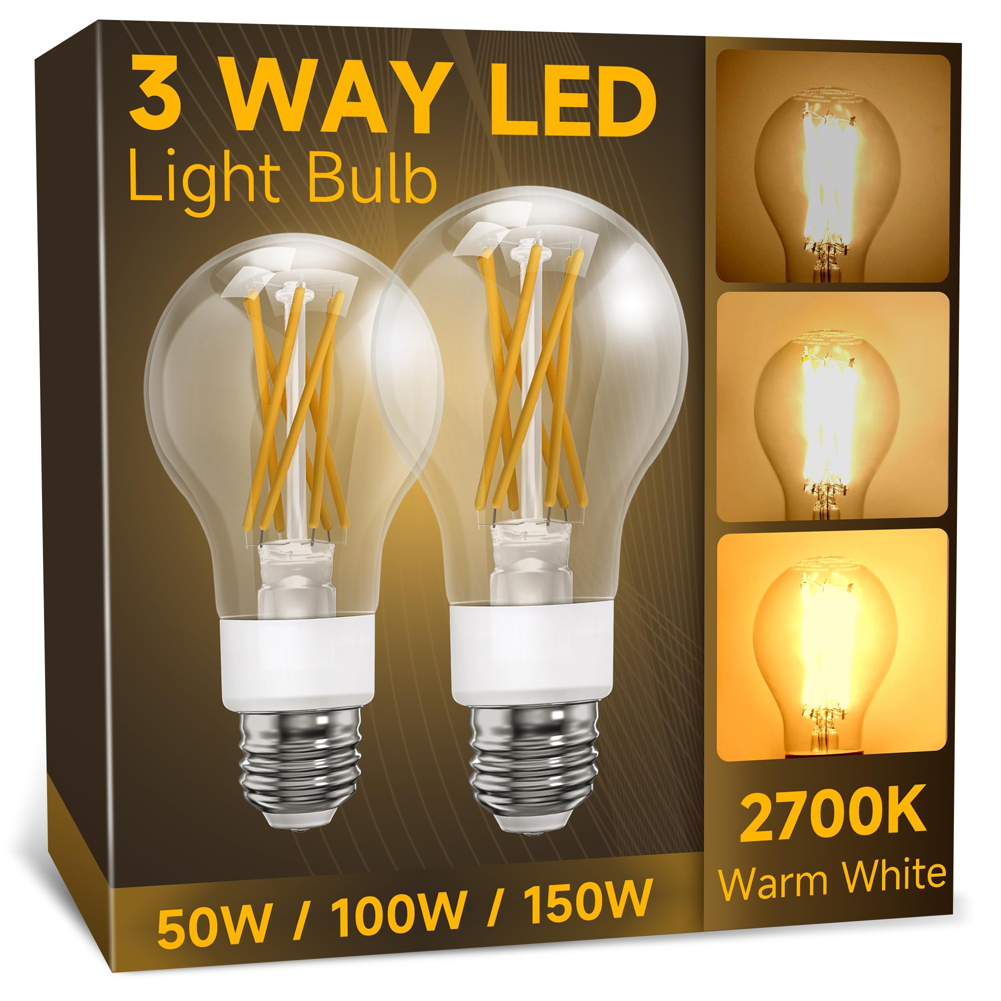Photo 1 of 3 Way Light Bulbs 50 100 150w Equivalent, Soft White 2700K, Three Way A19 LED Filament Light Bulb with 90+ CRI, E26 Dimmable Warm Light Bulbs, Classic Clear Glass, 2 Pack