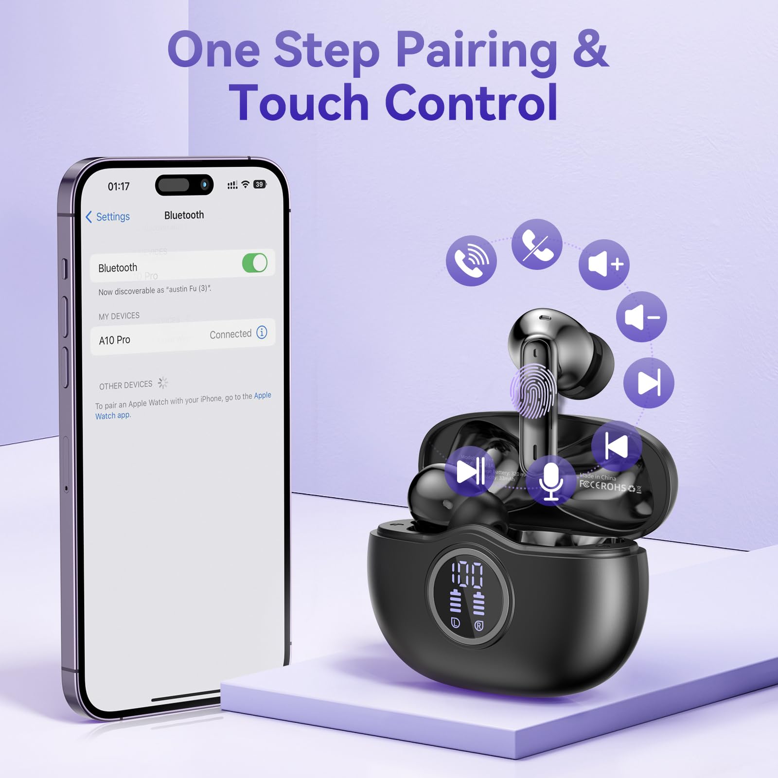 Wireless Earbuds, Bluetooth 5.3 Bass Stereo Headphones, 50 Hours of Playtime with Noise Cancelling Mic LED Display, 4 Microphones IPX7 Waterproof Earphones for Laptop Pad Phones, Black - Image 6