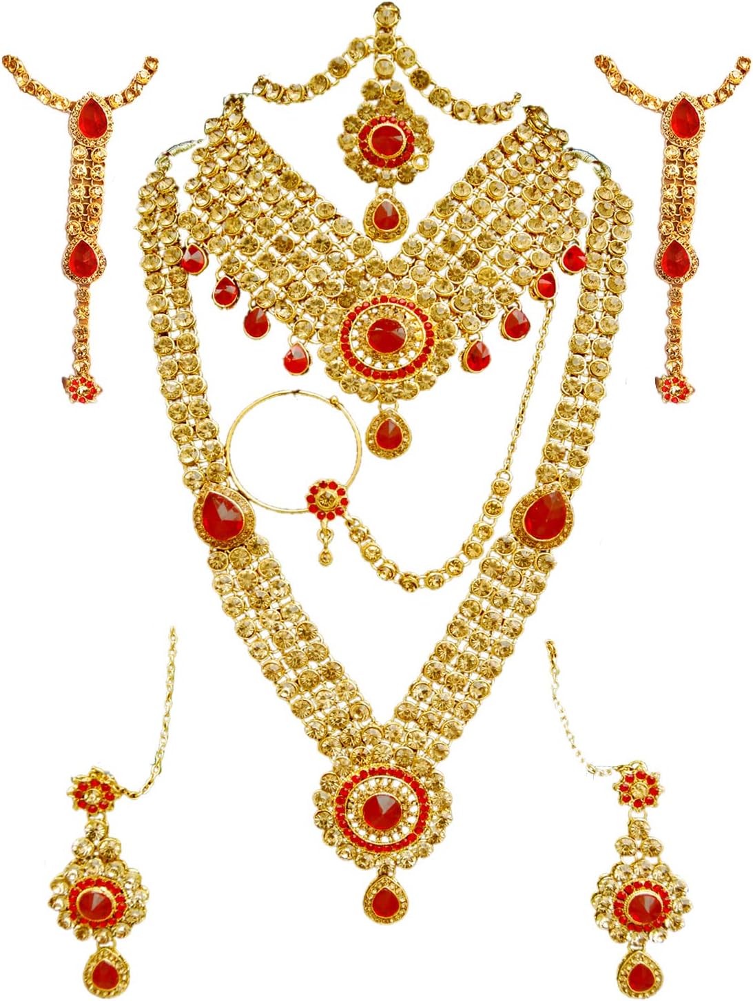 SATHIYA JEWELLERSGold Plated Alloy Kundan Bridal Jewellery Set for Women (Red and Golden)