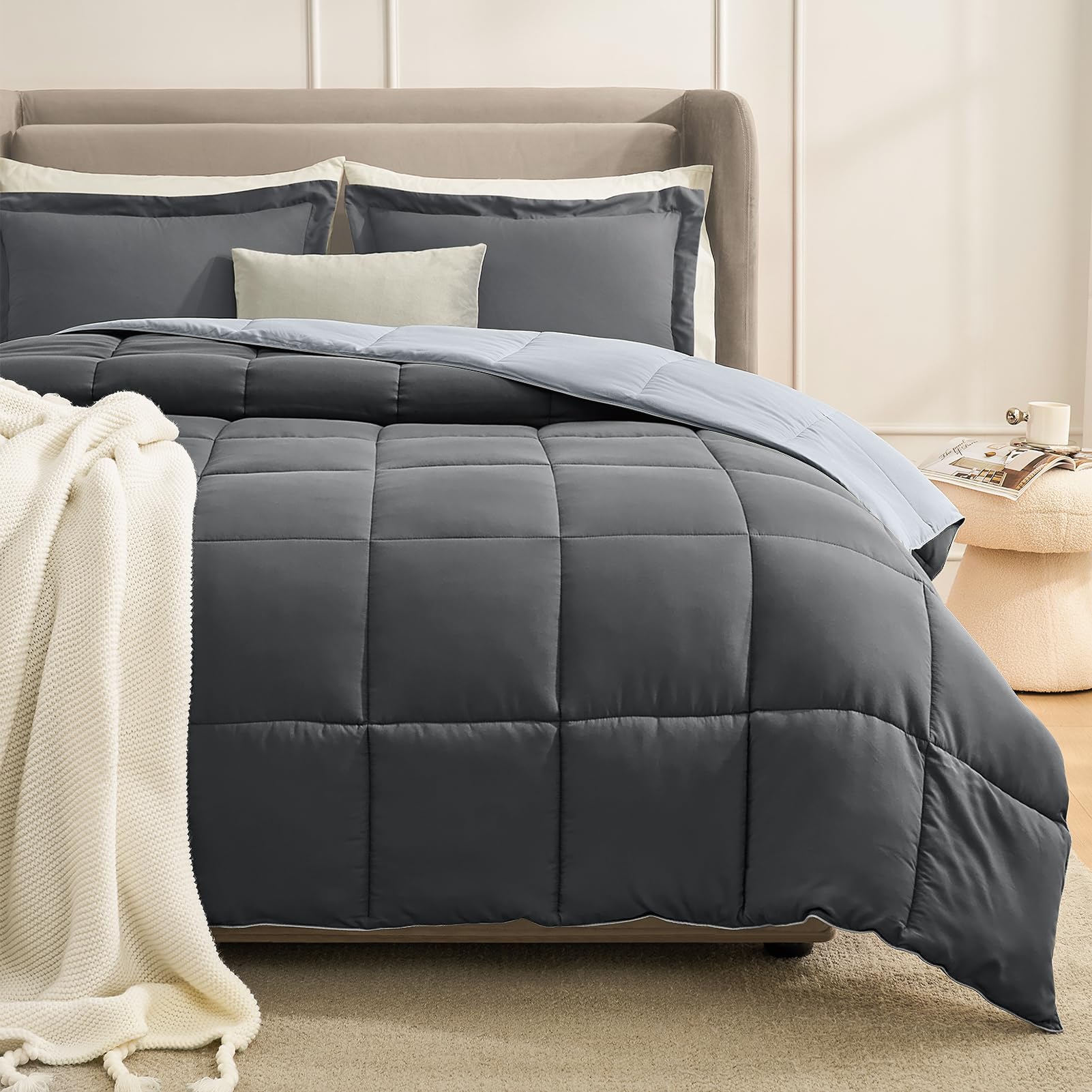 Photo 1 of Homelike Moment Queen Comforter Set Grey, Comforters Queen Size Set, Soft Lightweight Down Alternative Bed Comforter Full Size Reversible All Season 3 Pieces Sets Grey/Light Gray