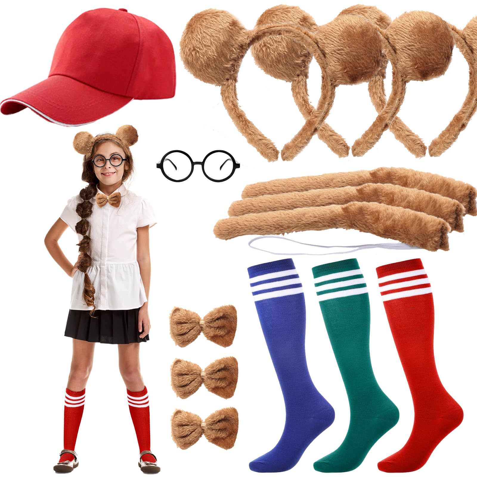 HONMOK 14 pcs Chipmunks Costumes Set, Striped Knee Socks Chipmunk Ears Headband Tail Bow Tie Red Hat Glasses Frame, Animal Fancy Dress for Carnival World Book Day Halloween Cosplay Outfit Accessories