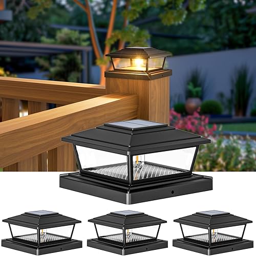 btfarm Solar Post Cap Lights Outdoor Garden - Warm White, 2 Modes Solar Fence Post Cap Lamp Waterproof, Square Post Lights Solar Powered Fit 4x4 5x5 6x6 Wooden Vinyl in Patio Deck Stair Decor, 4 Pack