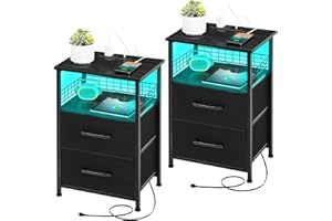 LAKEMID Nightstands Set of 2 with Charging Station, Night Stand with 20 Colors LED Lights and Fabric Drawer, Side Tables Bedroom, End Table with USB Ports and Outlets for Living Room, Office (Black)