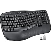 MEETION Wireless Ergonomic Keyboard with Wave Keys and Wrist Rest - Black | Firm wrist rest, 2.4G USB-A receiver, USB-C adapter included, full-size layout, compatible with Windows, Mac, PC, laptop