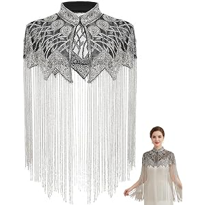 Ferricult Beaded Shawl Vintage Fringe Sequin Shawl 1920s Outfits for Women Flapper Wrap for Wedding