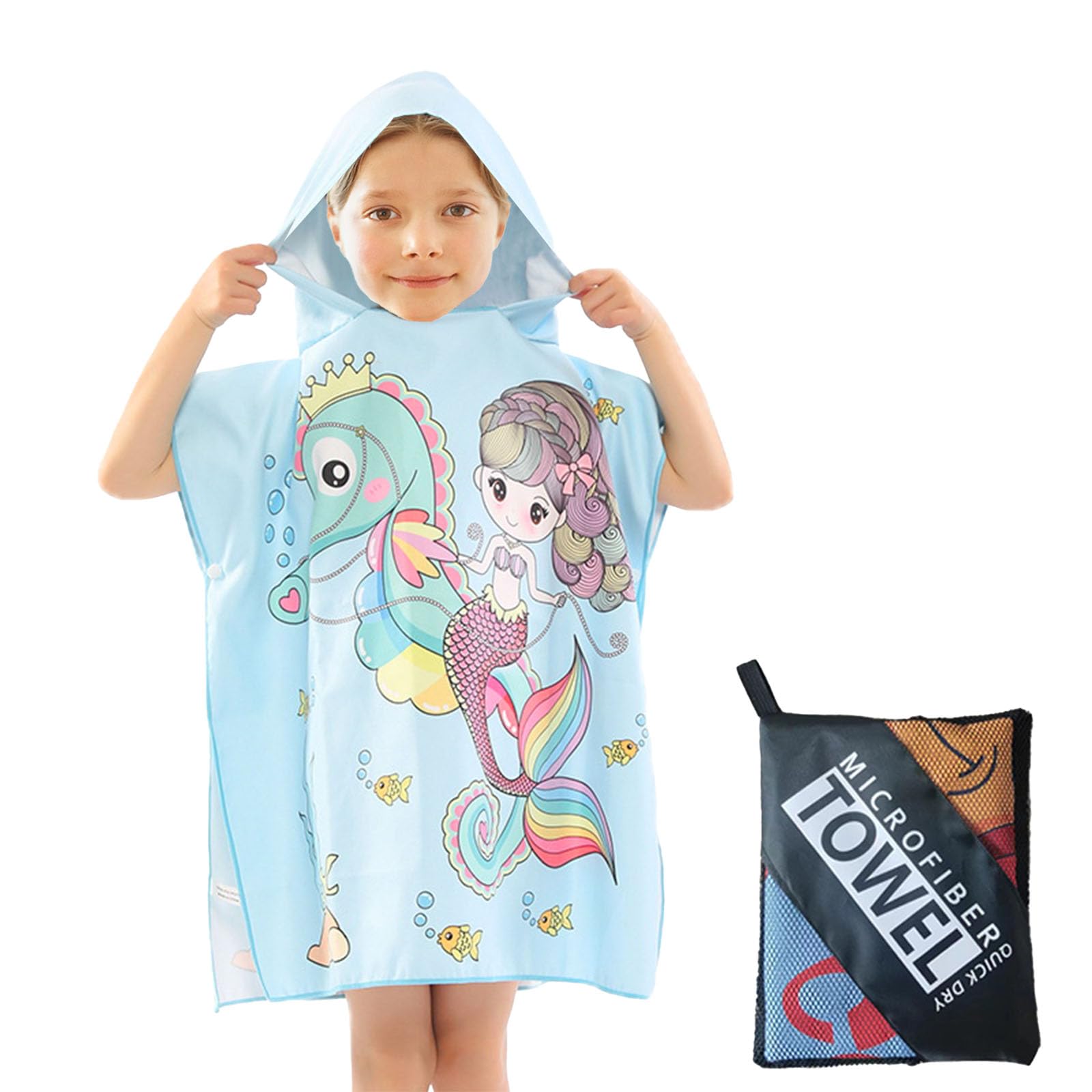 COSORO Hippocampus Hooded Poncho Towel for Kids,60x90cm Sand Free Quick Dry Thin Microfibre Beach With Bag,Swimming Warm Wrap Changing Robe Bath,Childs Travel for Girls Boys Age 2-6