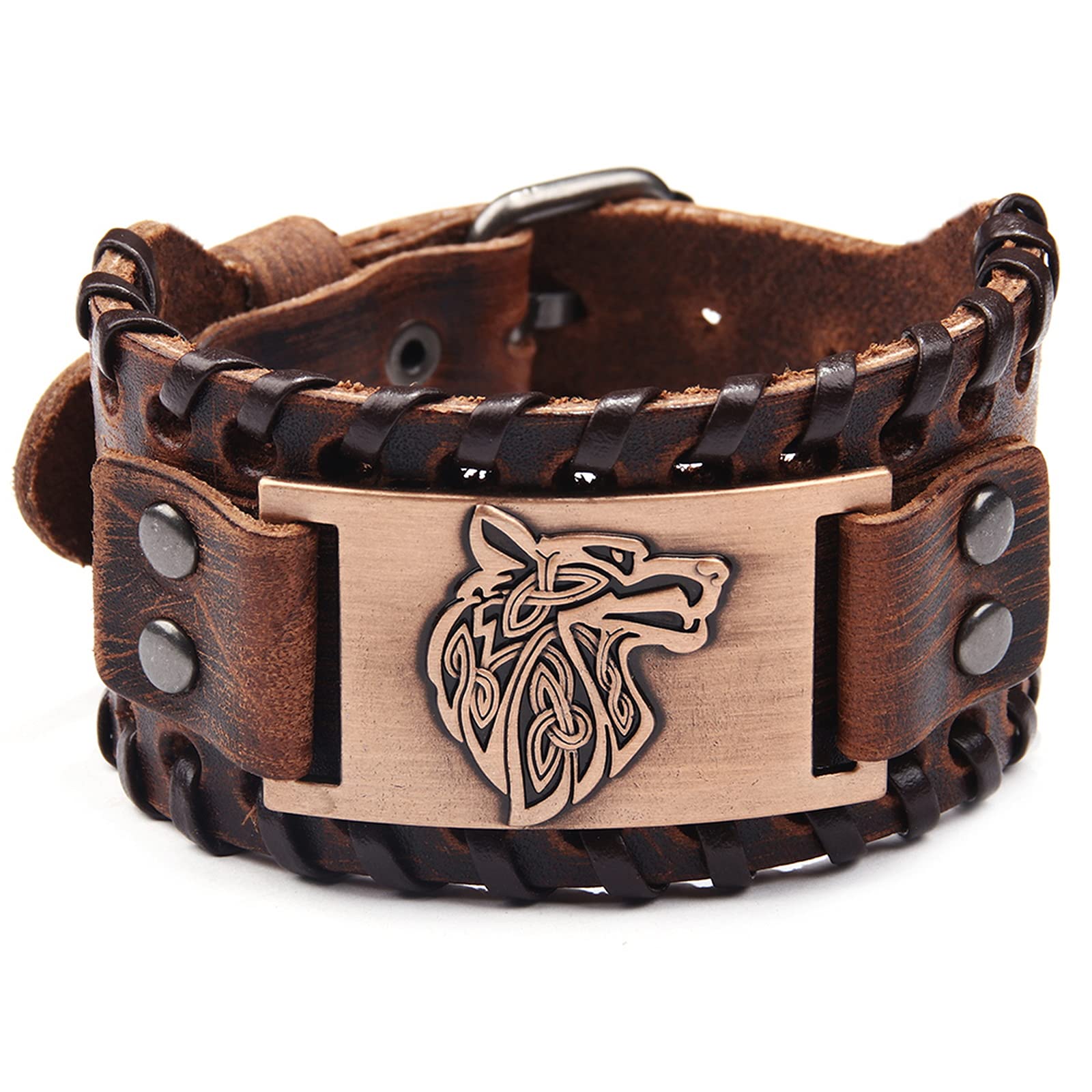 Thajaling Brown Viking Bracelet Wolf Fenrir - Vintage Nordic Bracelet Talisman - Gothic Bracelet for Celtic Pagan Cosplay Costume Bracelet