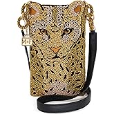 Mary Frances Gone Wild Beaded Leopard Crossbody Cell Phone Bag – Evening Clutch with Zipper Pocket & Leather Strap for Travel, Weddings, Parties – Gold