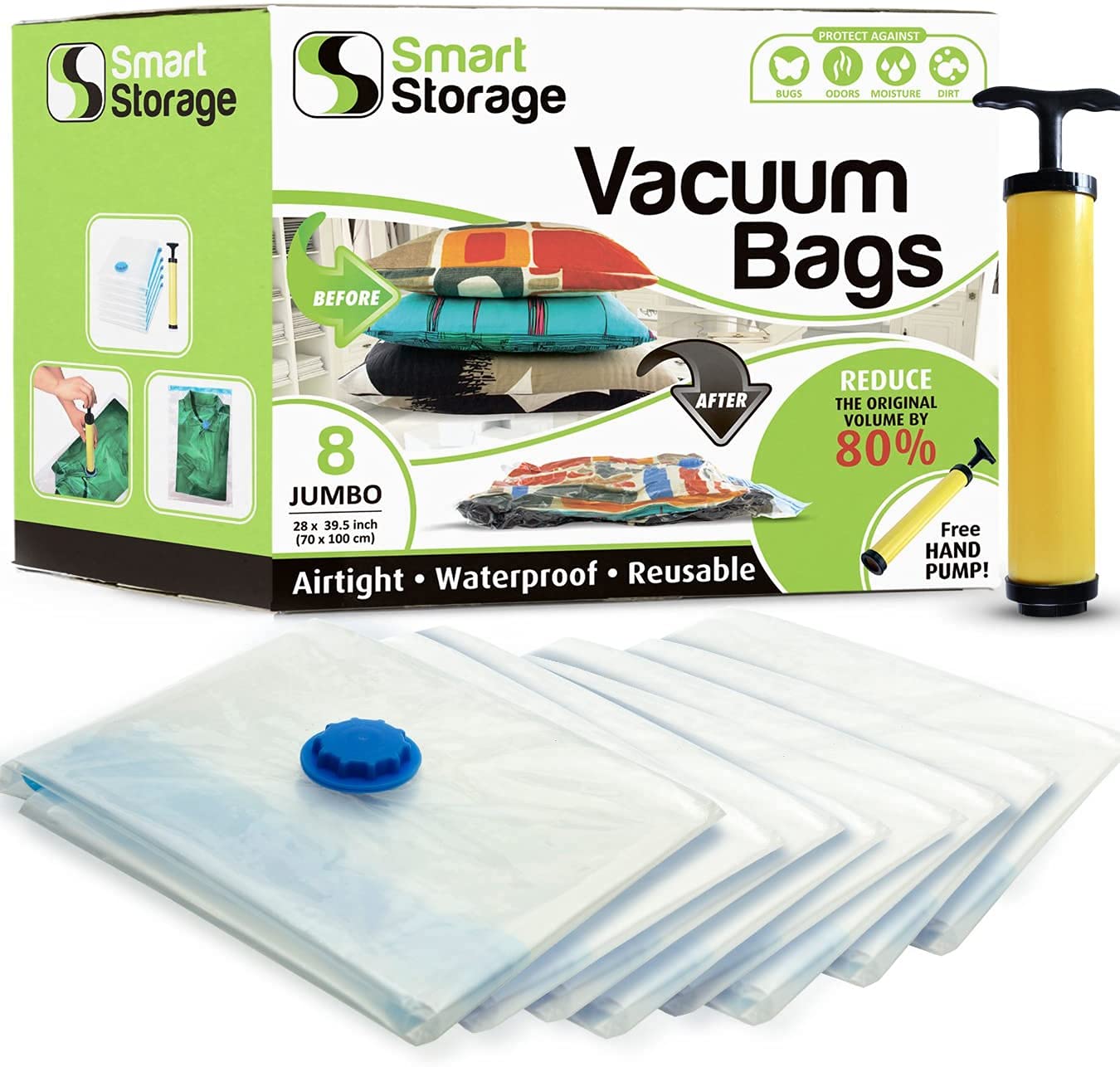 8 Pack Jumbo Vacuum Storage Space Saver Bag Set | Hand Vacuum Bags with Travel Pump | Space Bags for Home & Travel | Reusable Vacuum Bags | Airtight & Waterproof Saver Bags