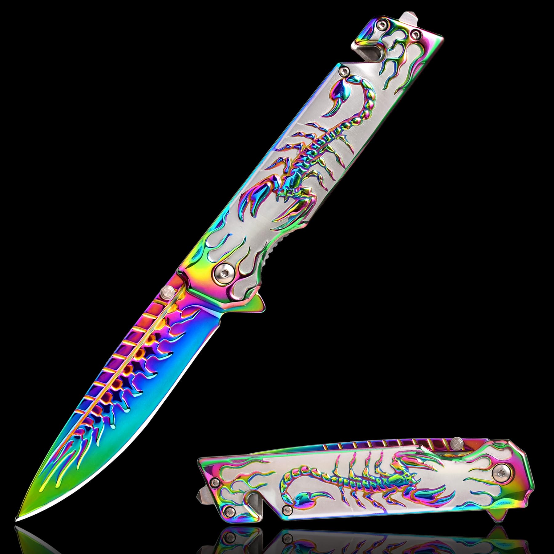 Photo 1 of Vividstill Pocket Knife for Men, Cool Rainbow Folding Knife With 3D Embossed pattern, Great Gift Edc Knife For Men Outdoor Survival Camping