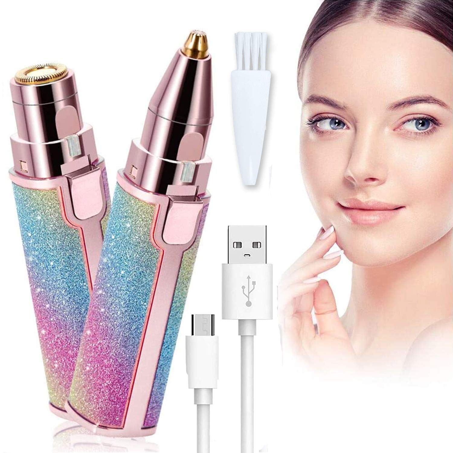 Facial Hair Remover for Women,2 in 1 Eyebrow Trimmer & Facial Hair Remover USB Rechargeable Painless Waterproof Eyebrow Razor Epilator Shaver with LED Light