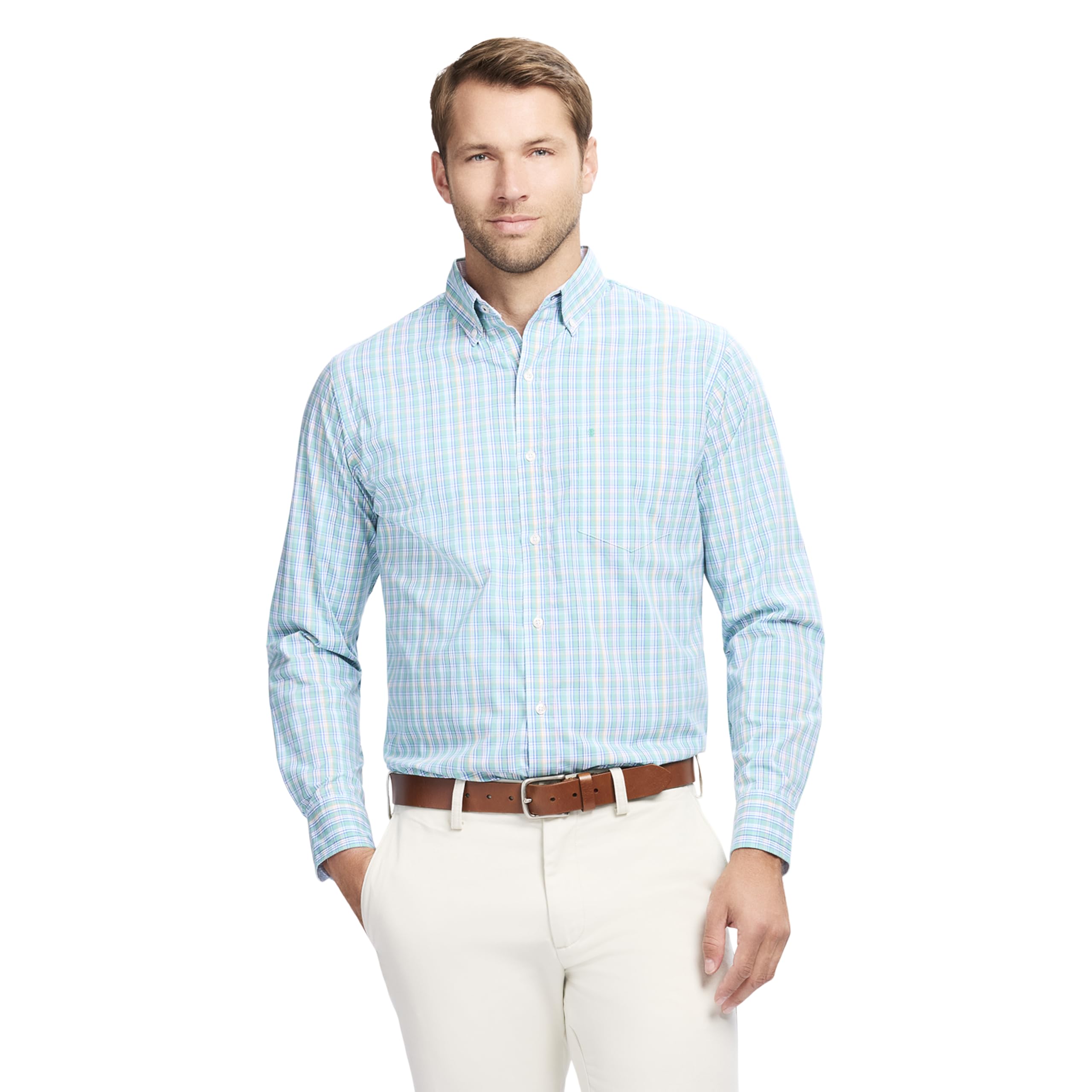 Izod Men's Performance Comfort Long Sleeve Plaid Button Down, Wasabi, Medium Image