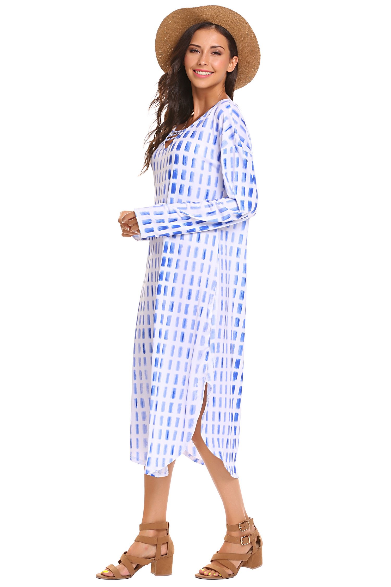 SE MIU Women Casual Maxi Long Sleeve Split Tie Dye Shift Dress