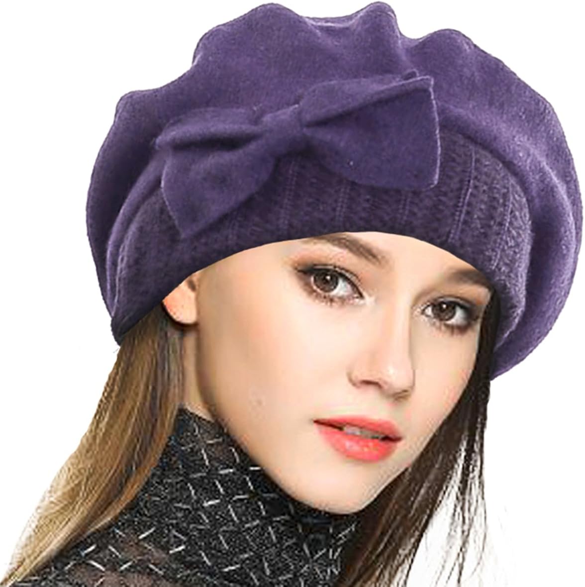 VECRY Lady French Beret 100% Wool Beret Dress Beanie Winter Hat (Purple)