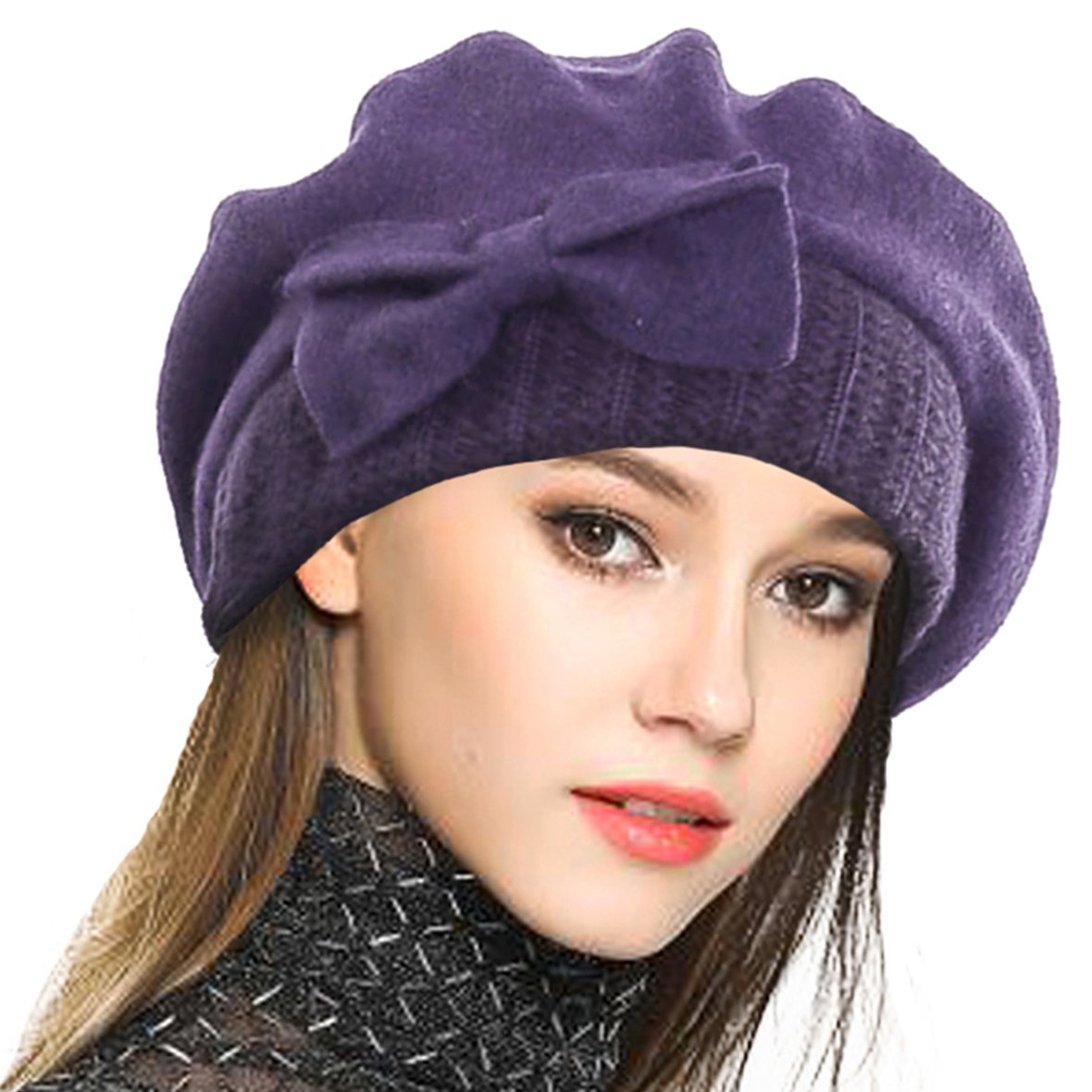 VECRY Lady French Beret 100% Wool Beret Dress Beanie Winter Hat (Purple)
