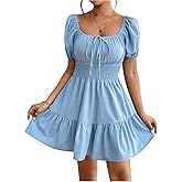 Floerns Women's Boho Square Neck Puff Short Sleeve Self Tie Front A Line Dress
