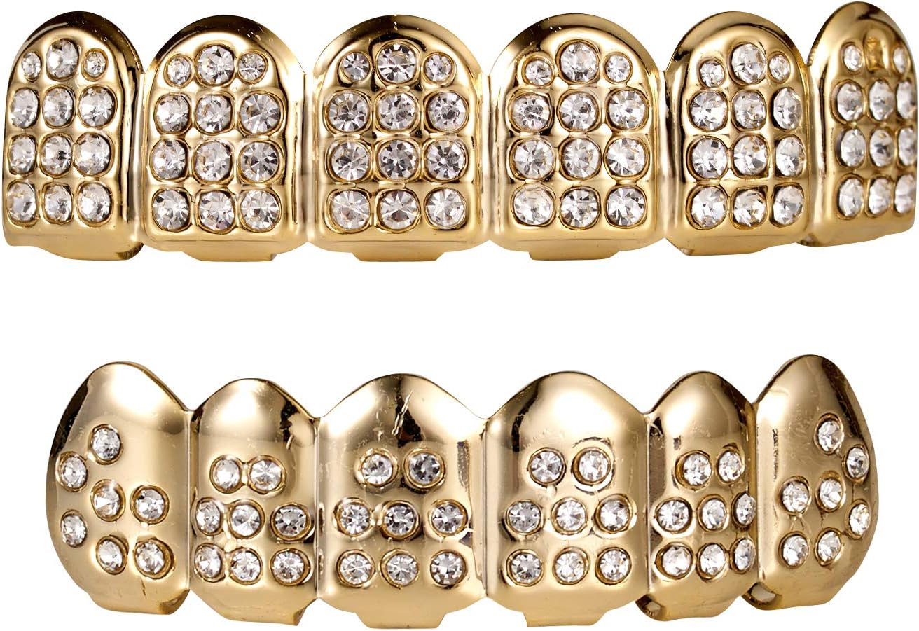 YINASI Gold/Silver Plated Hip Hop Grillz, CZ Top and Bottom Grills for Your Teeth with Diamond, Moulding Bars Included