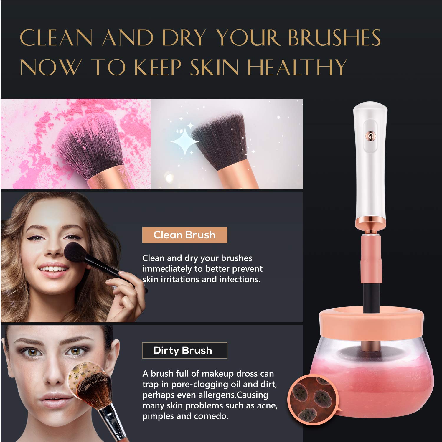 Upgraded Makeup Brush Cleaner and Dryer Machine, Electric Automatic Cosmetic Brush Spinner Fast Wash and Dry Makeup Brushes, Brush Cleaner with 8 Size Rubber Collars and 1 Brush Cleaning Mat: Beauty