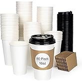 ESSENTIAL 80pcs 16oz Disposable Paper Coffee Cups with Lids, Sleeves and Labels, White Leak-Proof Coffee Cups for Hot or Cold