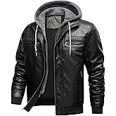 INVACHI Men's Leather Jacket Motorcycle Bomber Jacket Windproof PU Vintage Jacket with Removable Hood